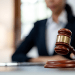 A judge holding a gavel in a courtroom setting.